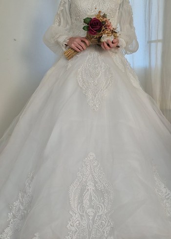 Vintage Uzun Kollu Beyaz Gelinlik - Görsel 7