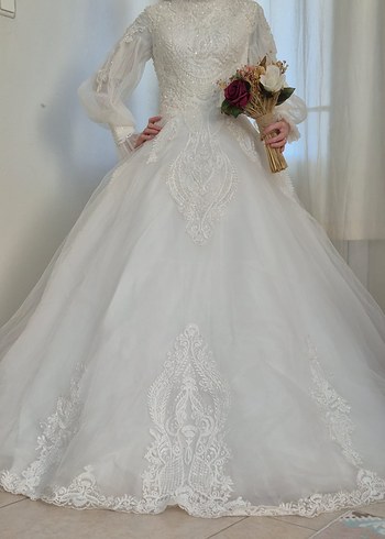 Vintage Uzun Kollu Beyaz Gelinlik - Görsel 5