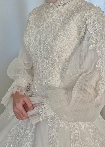 Vintage Uzun Kollu Beyaz Gelinlik - Görsel 6