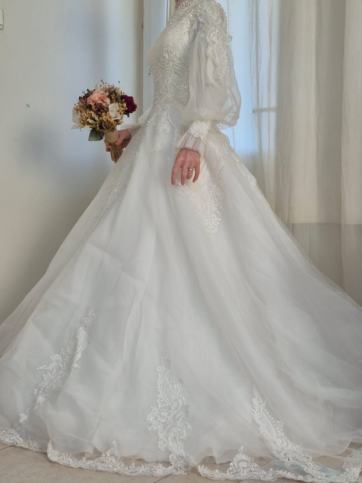 Vintage Uzun Kollu Beyaz Gelinlik - Görsel 3