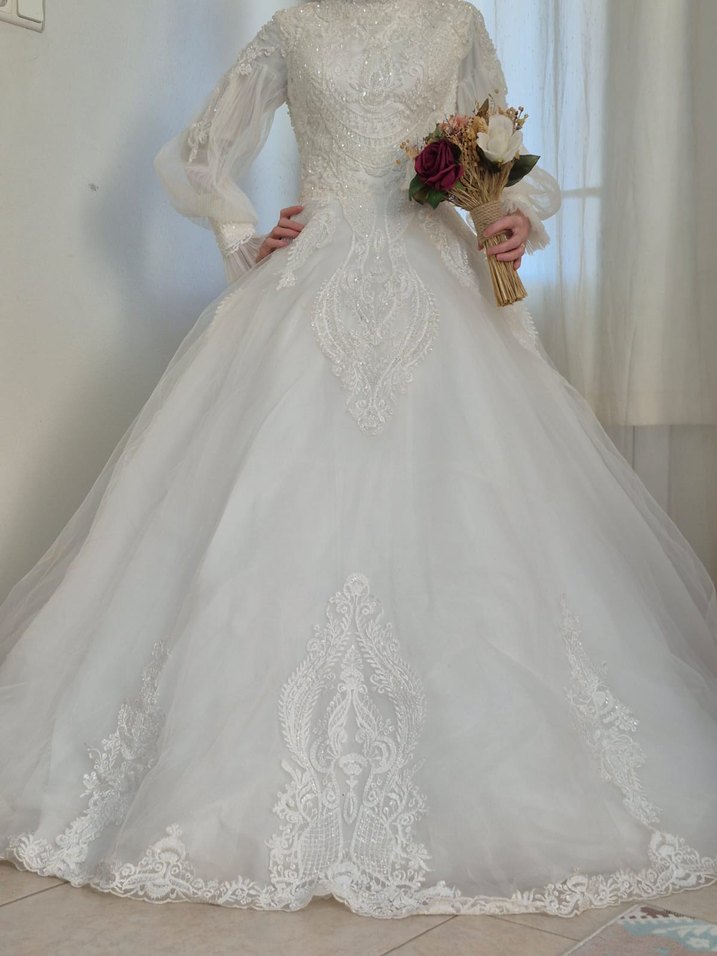 Vintage Uzun Kollu Beyaz Gelinlik - Görsel 5