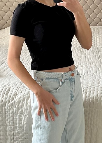 Siyah Kısa Kollu Crop Top Kadın - Görsel 2