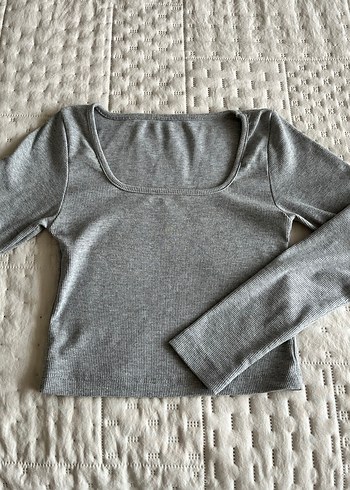 Gri Uzun Kollu Kadın Crop Top - Görsel 3