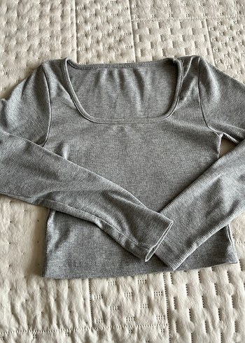 Gri Uzun Kollu Kadın Crop Top - Görsel 4