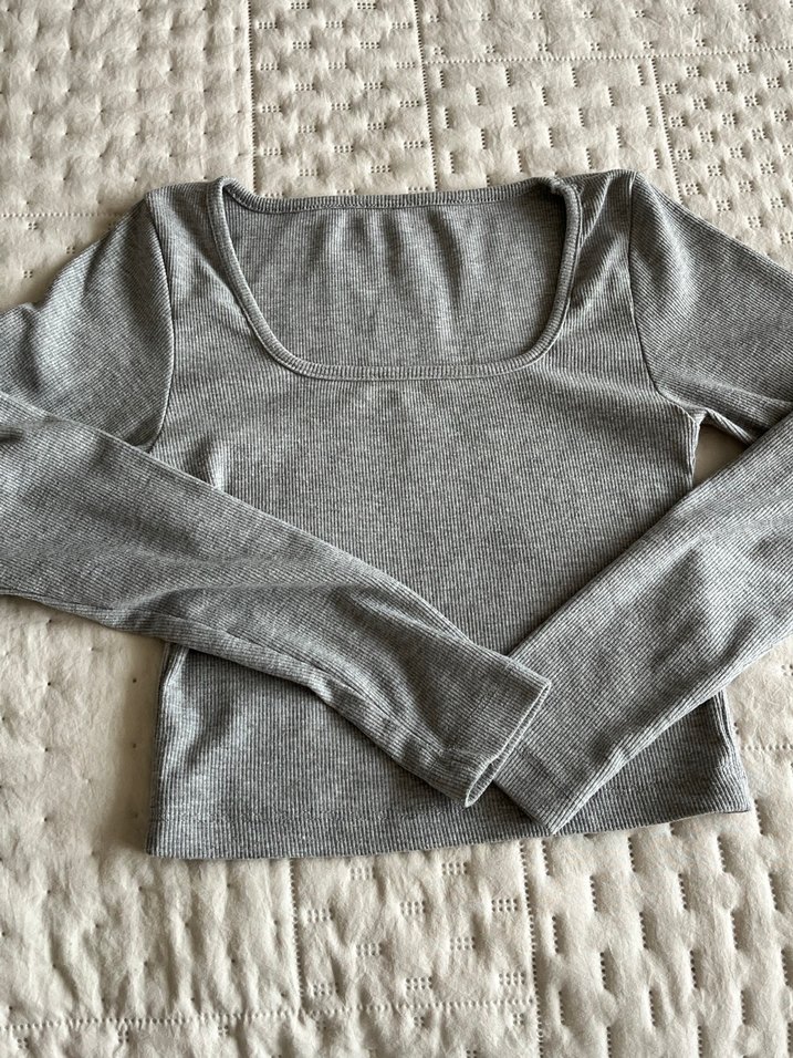 Gri Uzun Kollu Kadın Crop Top - Görsel 4