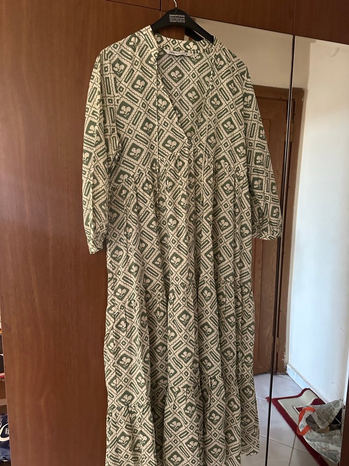 Bohem Desenli V Yaka Uzun Elbise - Görsel 2