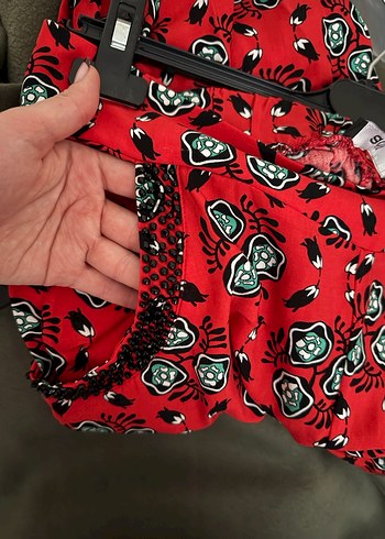 ADL Bohem Kırmızı Desenli Düğmeli Rahat Kadın Pantolon - Görsel 3