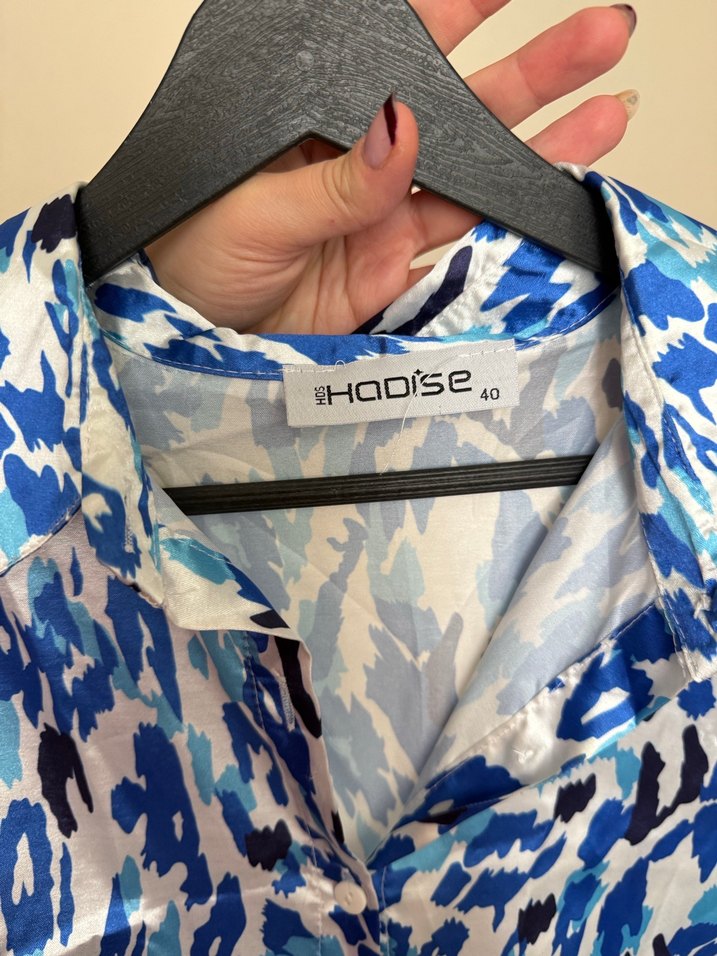 Mavi Batik Desenli Düğmeli Kadın Gömlek Etek takım - Görsel 2