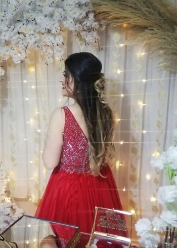 Parlak Kırmızı Straplez Midi Abiye Elbise - Görsel 3