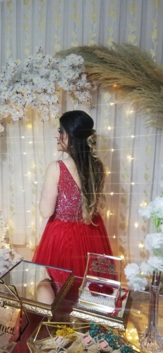 Parlak Kırmızı Straplez Midi Abiye Elbise - Görsel 3