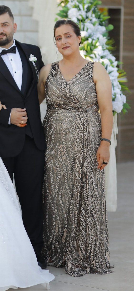 Drapeli V Yaka Yılan Desenli Uzun Abiye - Görsel 3