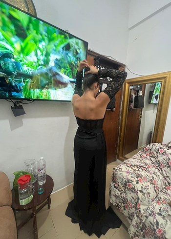 shein ürünüdür . Uzun Siyah Straplez Gotik Abiye Elbise - Görsel 3