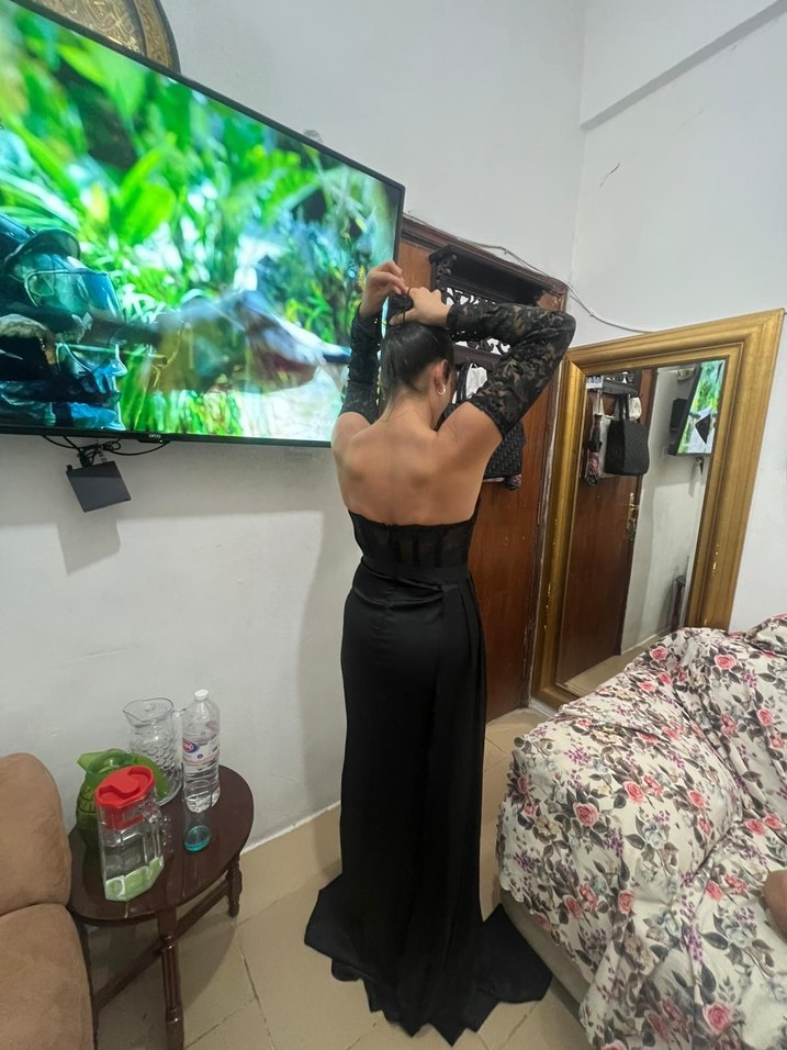 shein ürünüdür . Uzun Siyah Straplez Gotik Abiye Elbise - Görsel 3