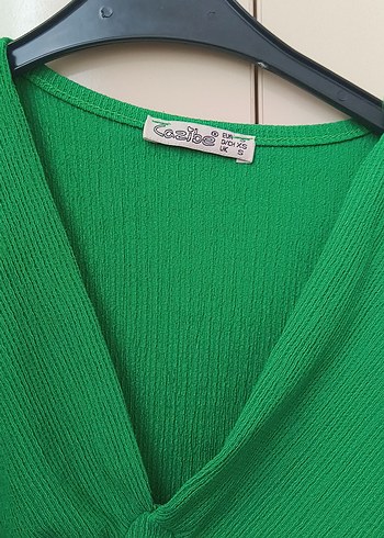 Yeşil V Yakalı Kısa Kollu Triko Bluz - Görsel 3