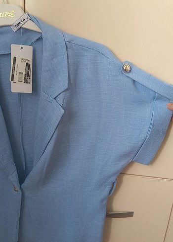 Düğmeli Mavi Keten Kadın Gömlek - Görsel 3