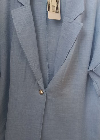 Düğmeli Mavi Keten Kadın Gömlek - Görsel 2