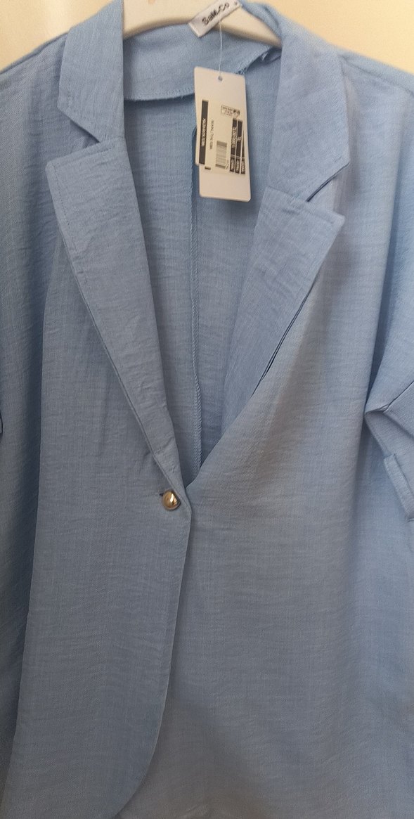 Düğmeli Mavi Keten Kadın Gömlek - Görsel 2