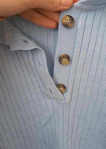 Düğmeli Mavi Polo Yaka Kadın Kısa Kollu Triko - Görsel 3