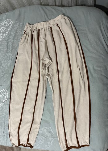 Bej Pliseli Keten Midi Kadın Pantolon - Görsel 2