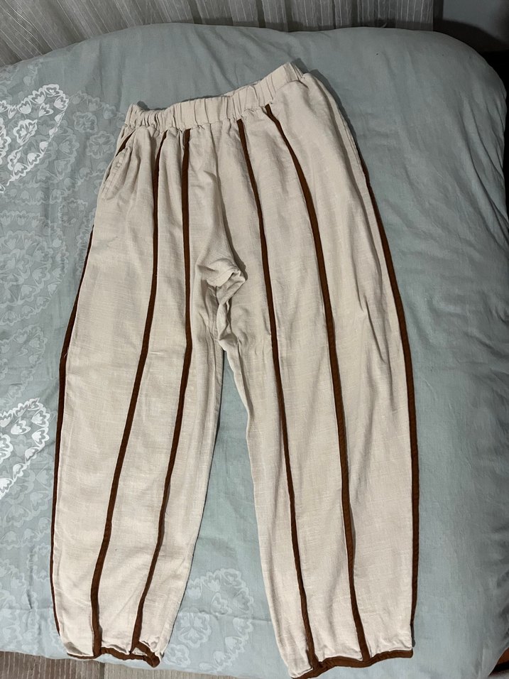 Bej Pliseli Keten Midi Kadın Pantolon - Görsel 2