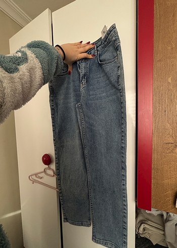 Düğmeli Mavi Geniş Kesim Kadın Kot Pantolon - Görsel 5