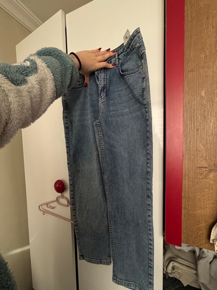 Düğmeli Mavi Geniş Kesim Kadın Kot Pantolon - Görsel 5