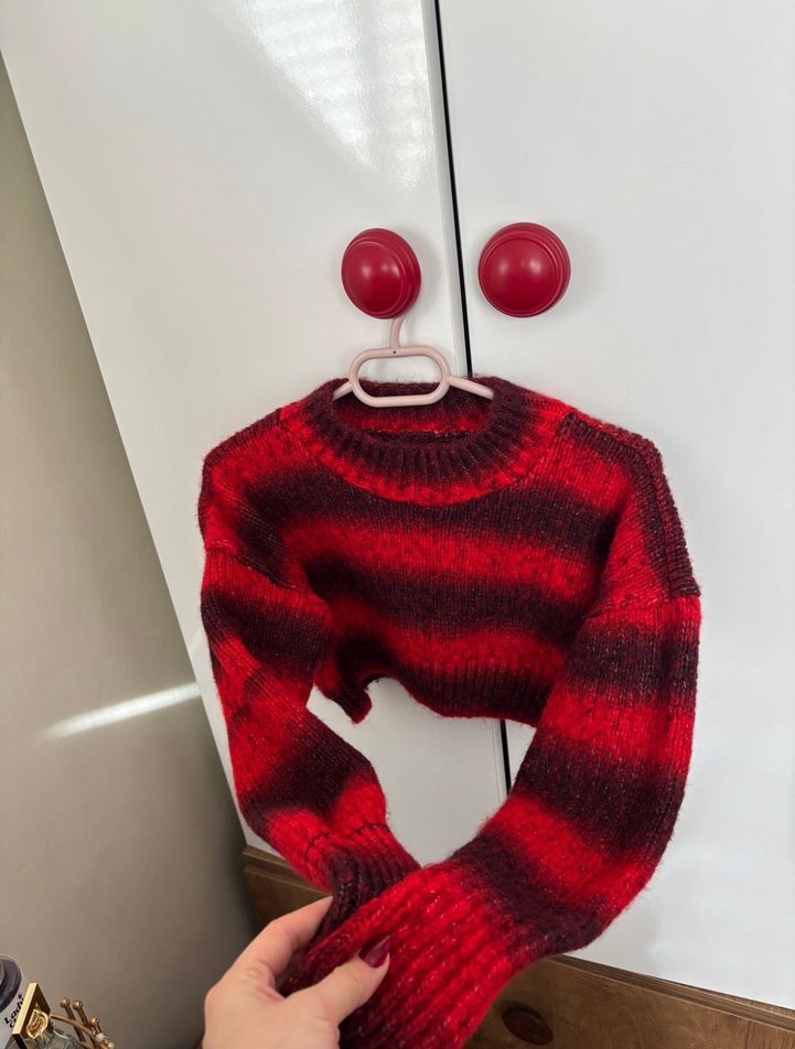 Kırmızı Batik Desenli Triko Kadın Kazak - Görsel 2