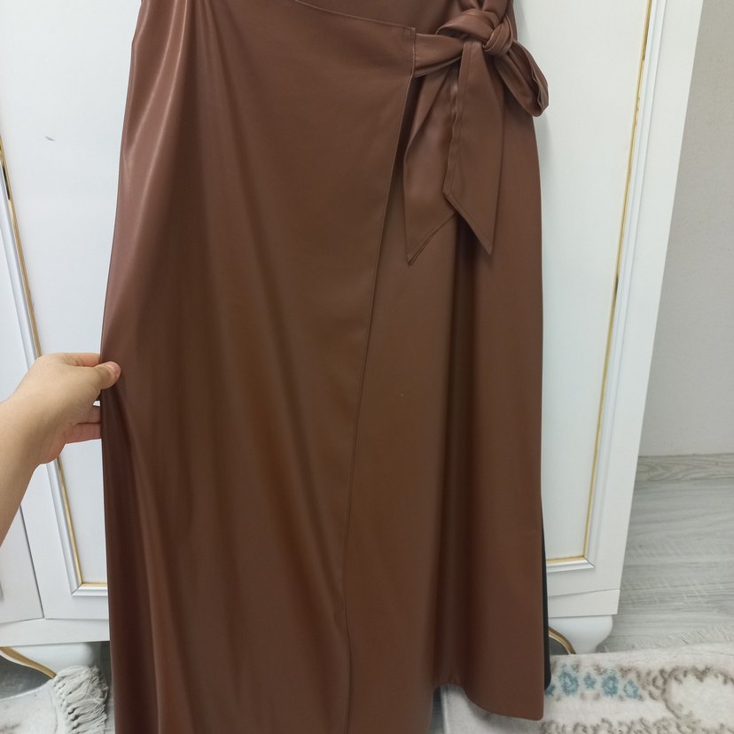 Drapeli Uzun Kahverengi Kadın Etek - Görsel 2