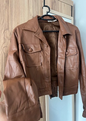 Düğmeli Kahverengi Deri Kadın Ceket - Görsel 2