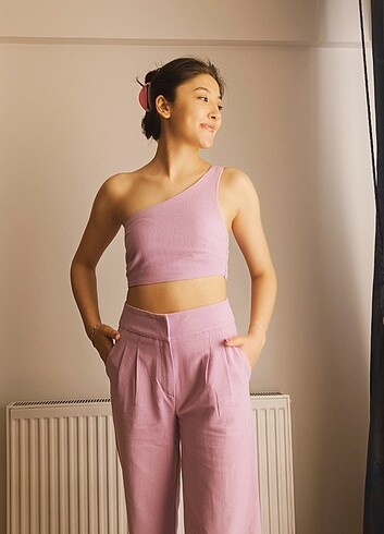 s Beden mor Renk Keten Crop ve Keten Pileli Pantalon Takımı