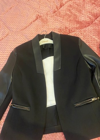 Deri detaylı Siyah Kadın Blazer Ceket