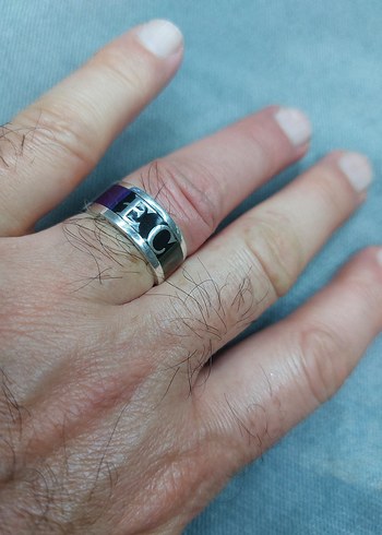 Mavi Parlak 925 Ayar EC Yazılı Erkek Yüzük - Görsel 2