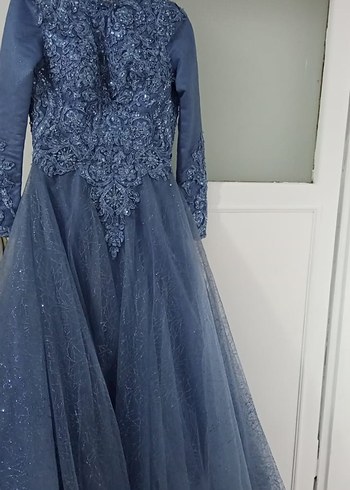 Zara Uzun Kollu Mavi İşlemeli Abiye Elbise