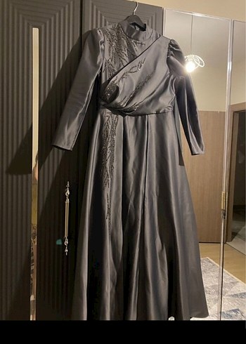 Drapeli Gri Uzun Abiye Elbise - Görsel 2