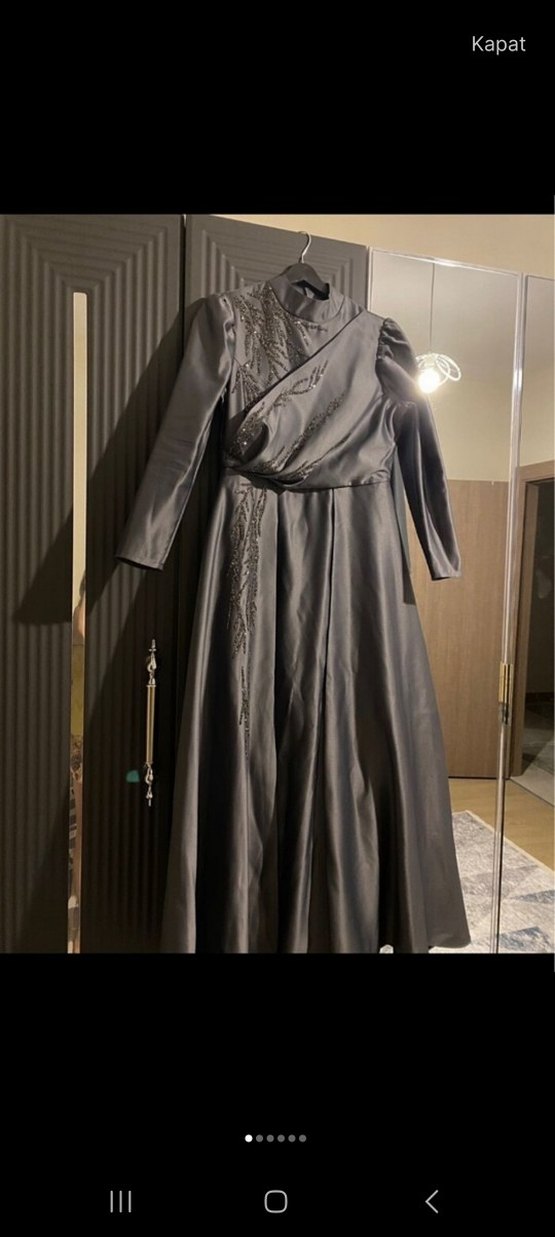 Drapeli Gri Uzun Abiye Elbise - Görsel 2