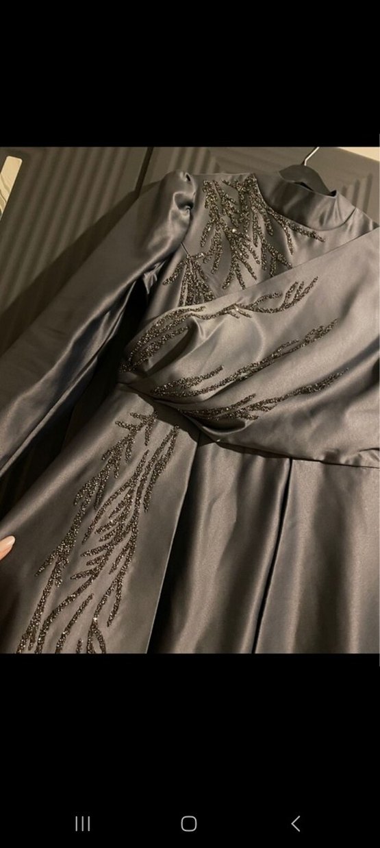 Drapeli Gri Uzun Abiye Elbise - Görsel 3