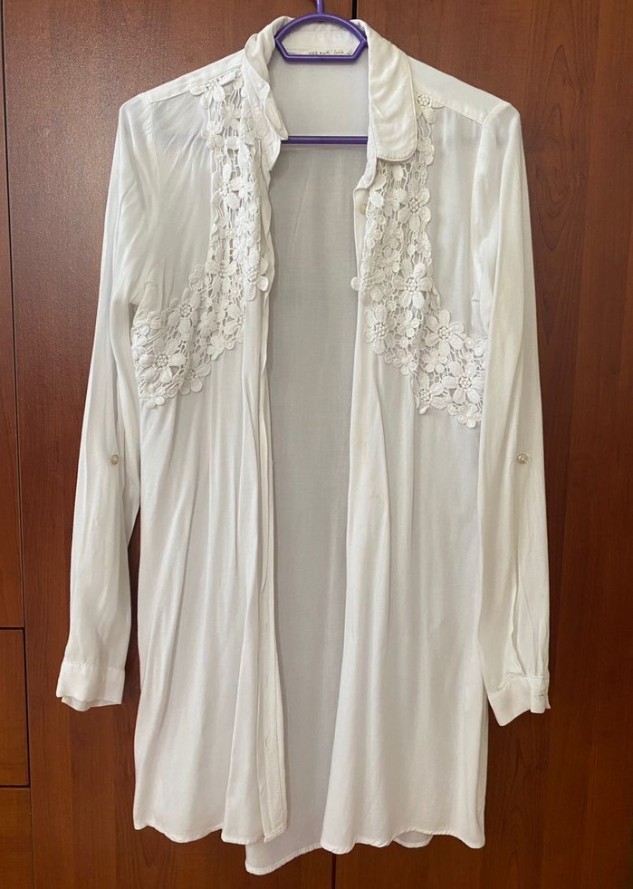 Nakışlı, Pamuklu Beyaz Uzun Kollu Kadın Tunik - Görsel 2
