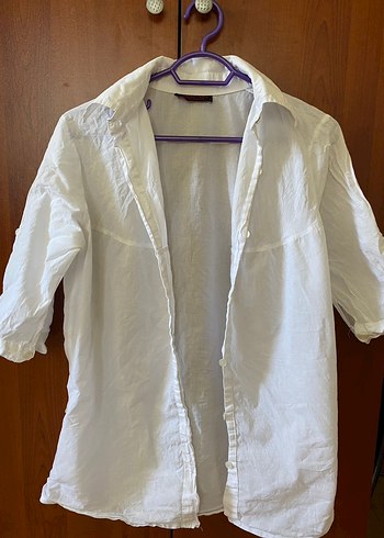 Kadın Beyaz Keten Kısa Kollu Gömlek - Görsel 2