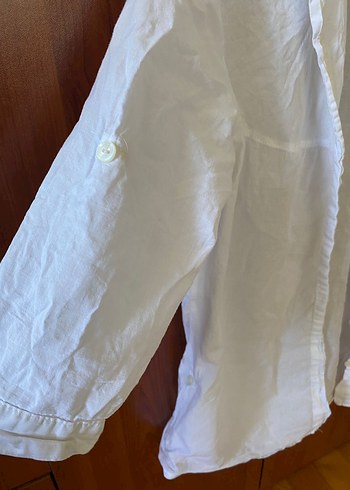 Kadın Beyaz Keten Kısa Kollu Gömlek - Görsel 3