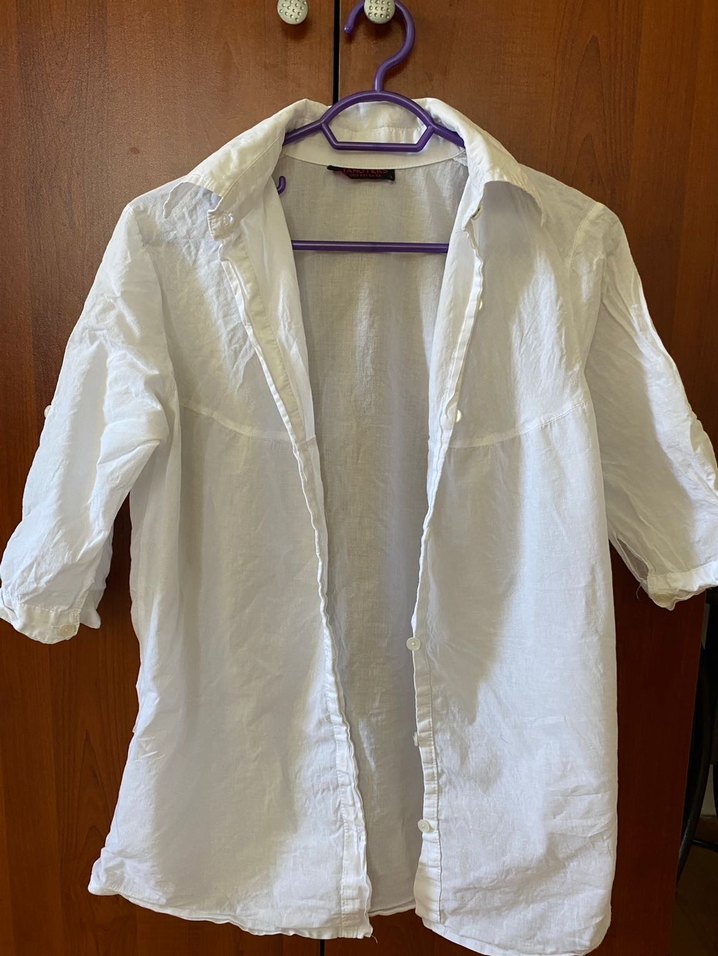 Kadın Beyaz Keten Kısa Kollu Gömlek - Görsel 2