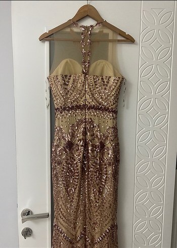 Abiye Altın Renkli Etnik Desenli Uzun Abiye Elbise