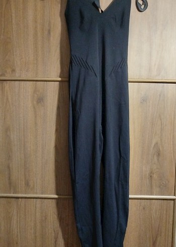 Siyah V Yaka İnce Askılı Uzun Kadın Spor Tulum - Görsel 2