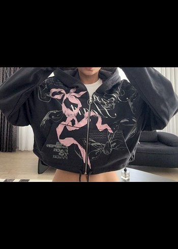 Kadın Siyah Kapüşonlu Fermuarlı Mini Sweatshirt - Görsel 5