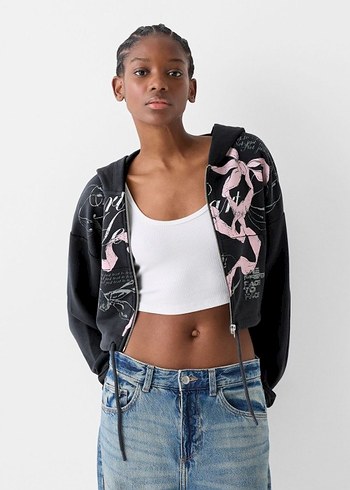 Kadın Siyah Kapüşonlu Fermuarlı Mini Sweatshirt - Görsel 3