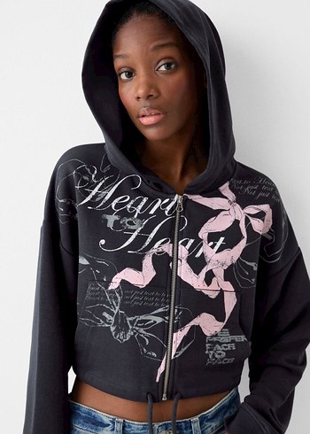 Kadın Siyah Kapüşonlu Fermuarlı Mini Sweatshirt - Görsel 4