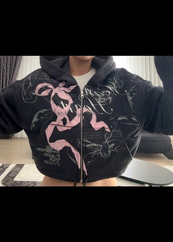 Kadın Siyah Kapüşonlu Fermuarlı Mini Sweatshirt - Görsel 2