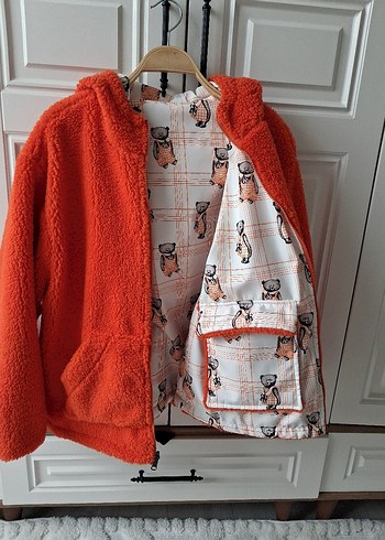 Turuncu çift taraflı Kapüşonlu Fermuarlı peluşCeket - Görsel 4