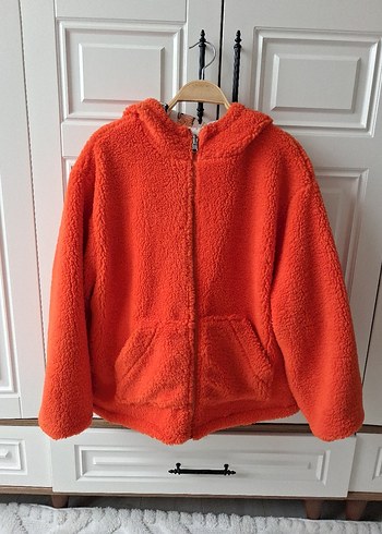 Turuncu çift taraflı Kapüşonlu Fermuarlı peluşCeket - Görsel 3