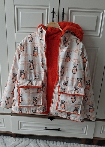 Turuncu çift taraflı Kapüşonlu Fermuarlı peluşCeket - Görsel 5