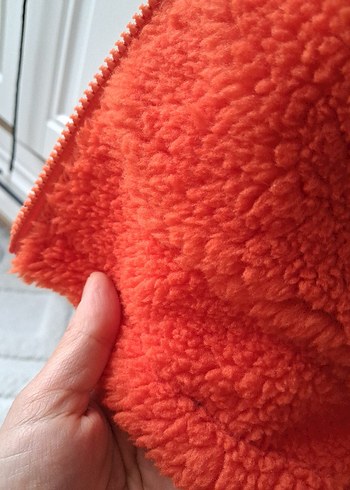 Turuncu çift taraflı Kapüşonlu Fermuarlı peluşCeket - Görsel 8